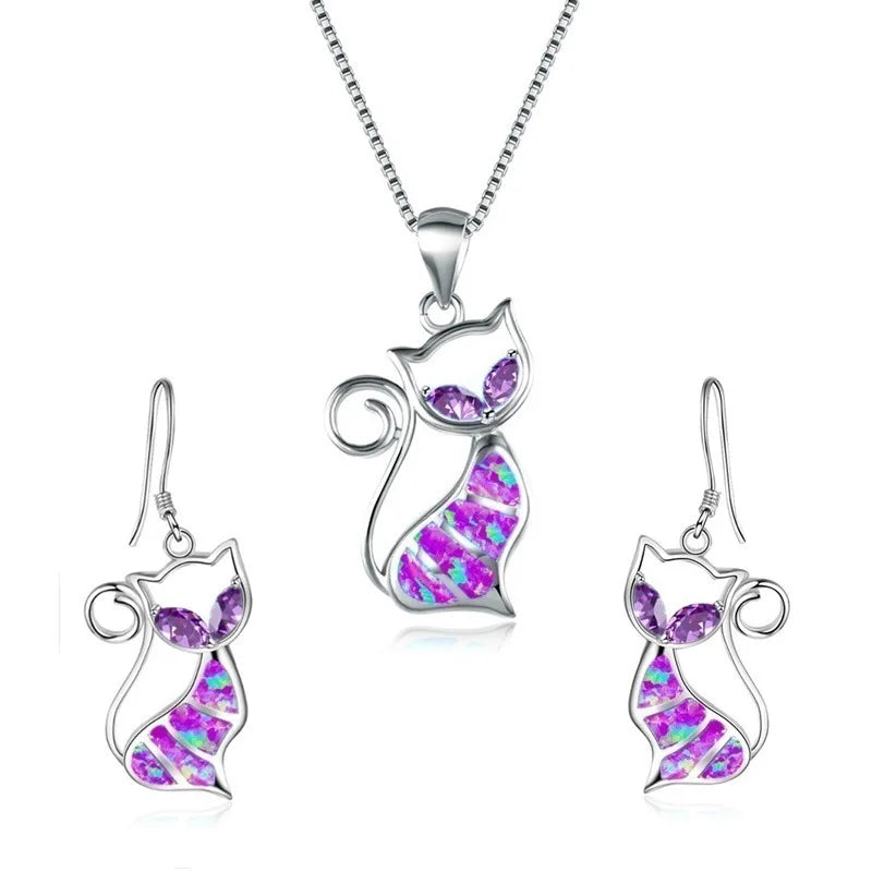 Cat Pendant Necklace & Earrings Set