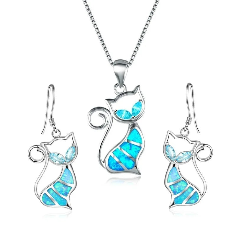 Cat Pendant Necklace & Earrings Set