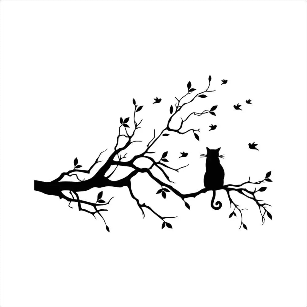 Cat on Tree Branch Wall Stickers - Self-Adhesive Home Decor for Living Room & Bedroom