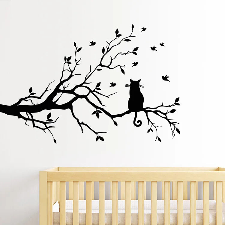 Cat on Tree Branch Wall Stickers - Self-Adhesive Home Decor for Living Room & Bedroom