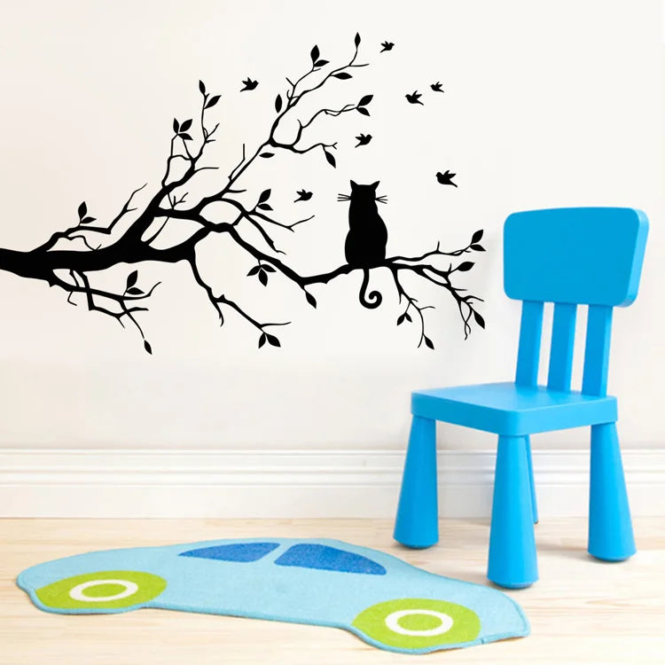 Cat on Tree Branch Wall Stickers - Self-Adhesive Home Decor for Living Room & Bedroom
