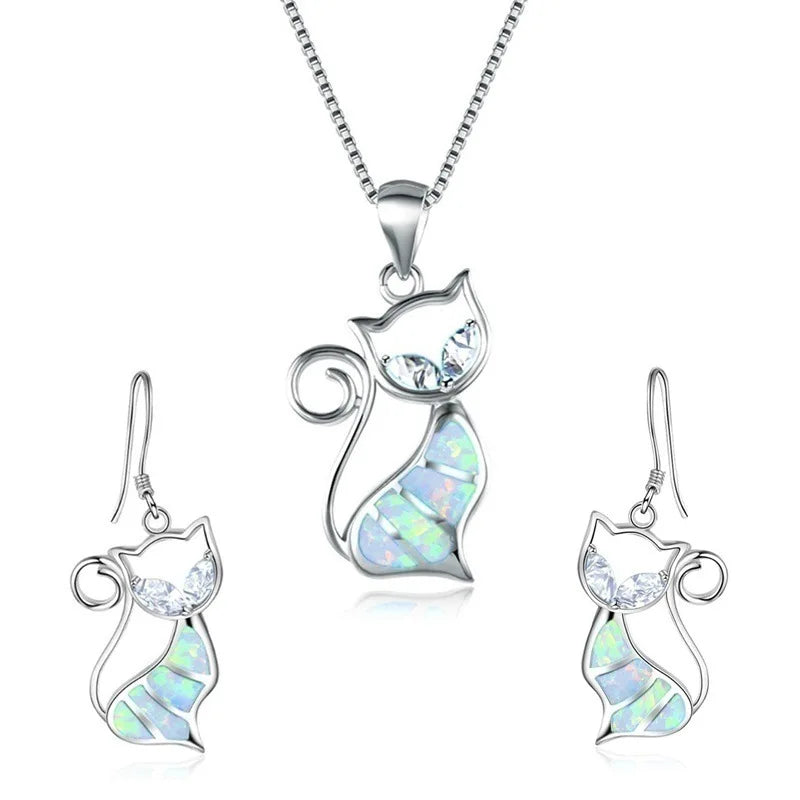 Cat Pendant Necklace & Earrings Set