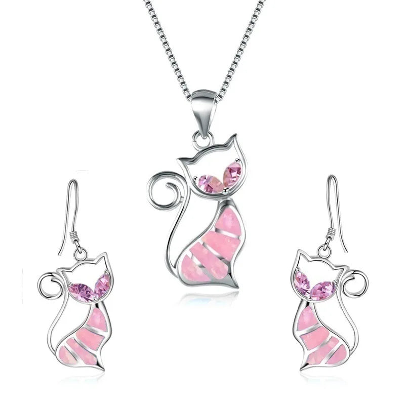 Cat Pendant Necklace & Earrings Set