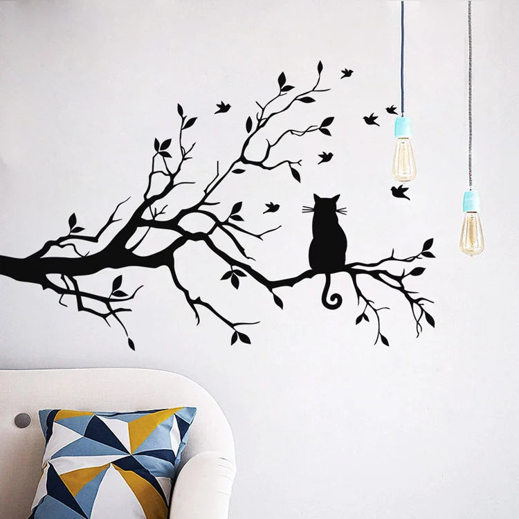 Cat on Tree Branch Wall Stickers - Self-Adhesive Home Decor for Living Room & Bedroom