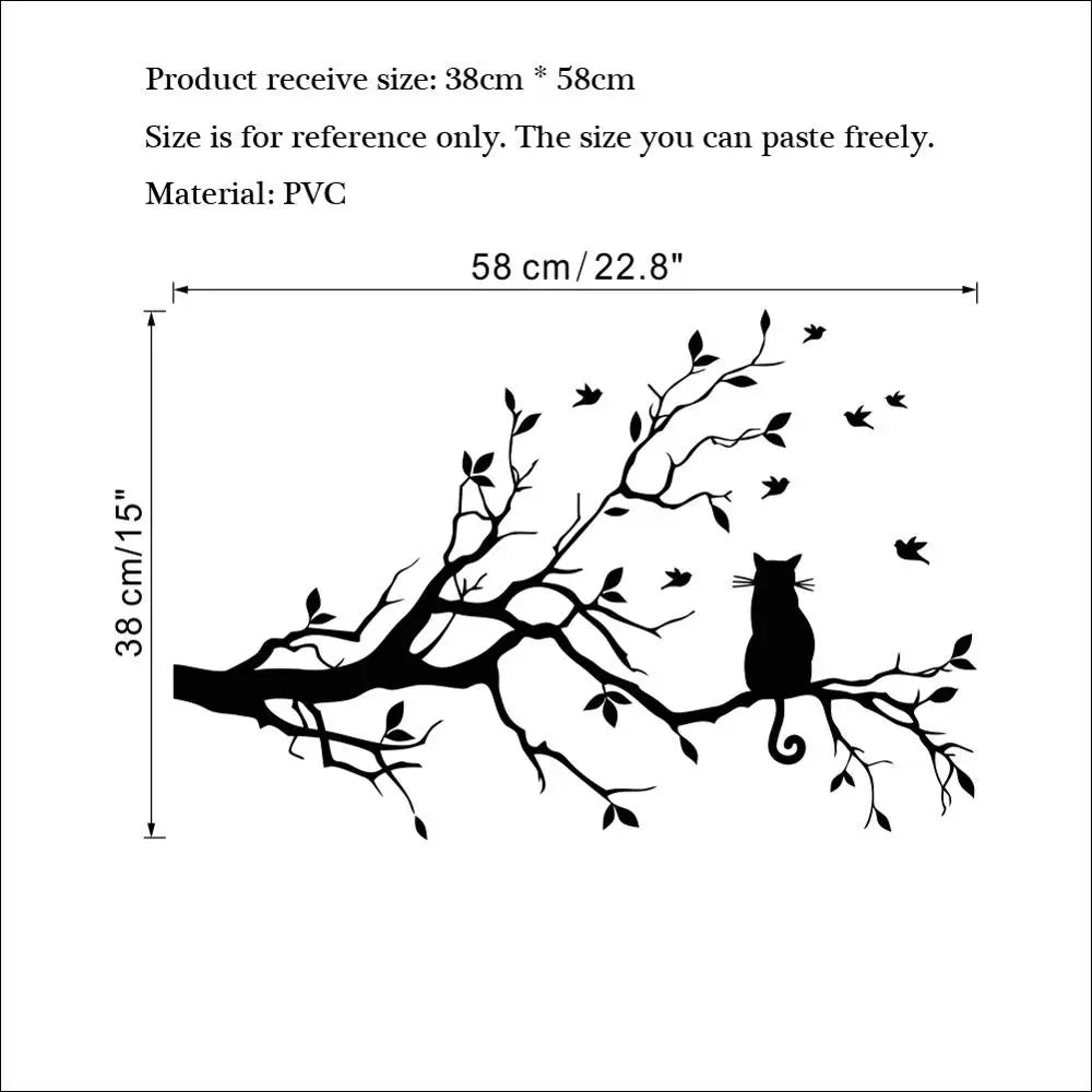 Cat on Tree Branch Wall Stickers - Self-Adhesive Home Decor for Living Room & Bedroom