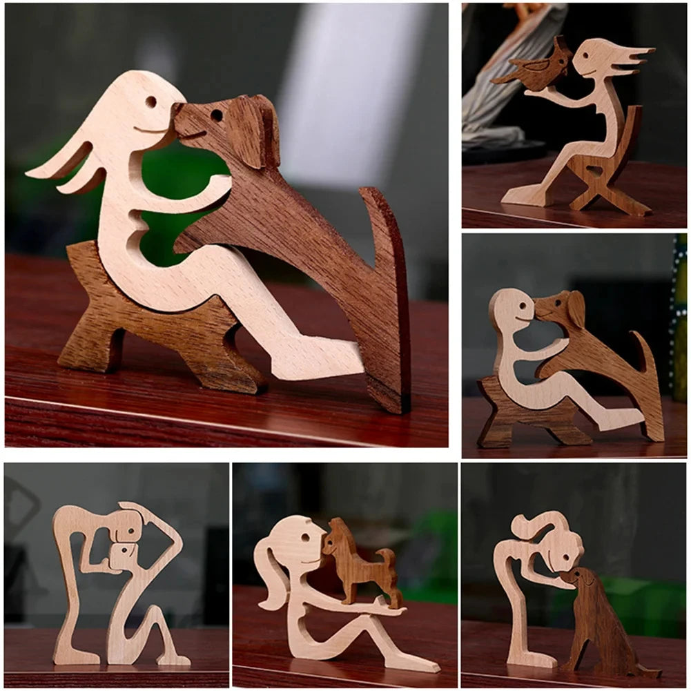 Wooden Family Statue - Girl with Dog Sculpture