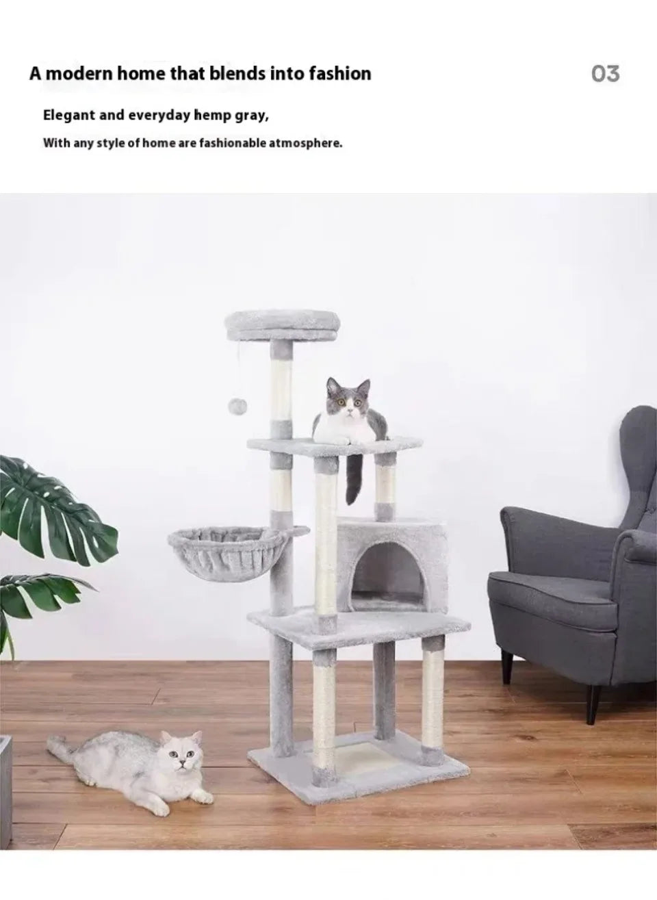 Multi-Level Cat Tree Tower - Sisal Posts, Hammock, Perches & Condos for Indoor Cats