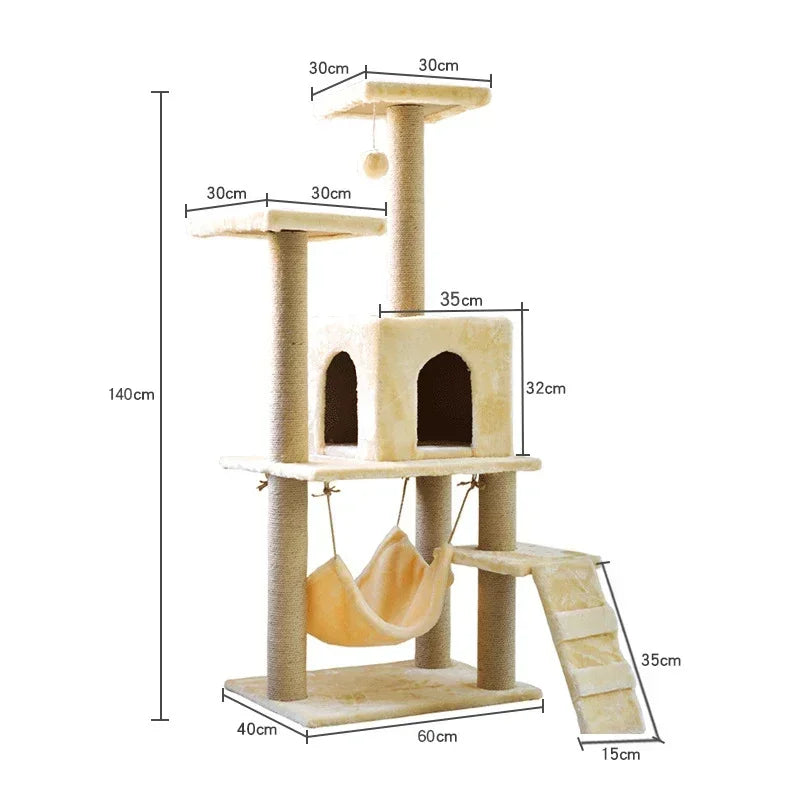 Multi-Level Cat Tree Tower - Sisal Posts, Hammock, Perches & Condos for Indoor Cats