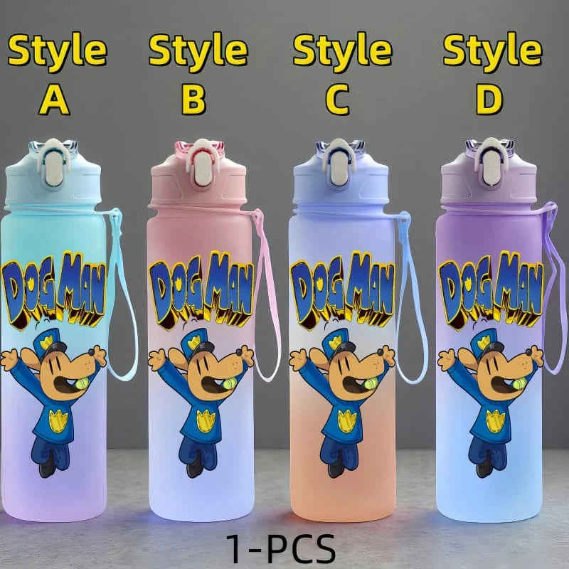 Dog Man Cartoon Water Bottle - 750ml Kids Bottle with Carrying Rope