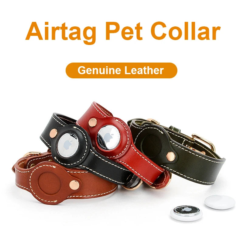 Premium Leather Dog Collar with AirTag Holder - Anti-Lost Pet Tracking