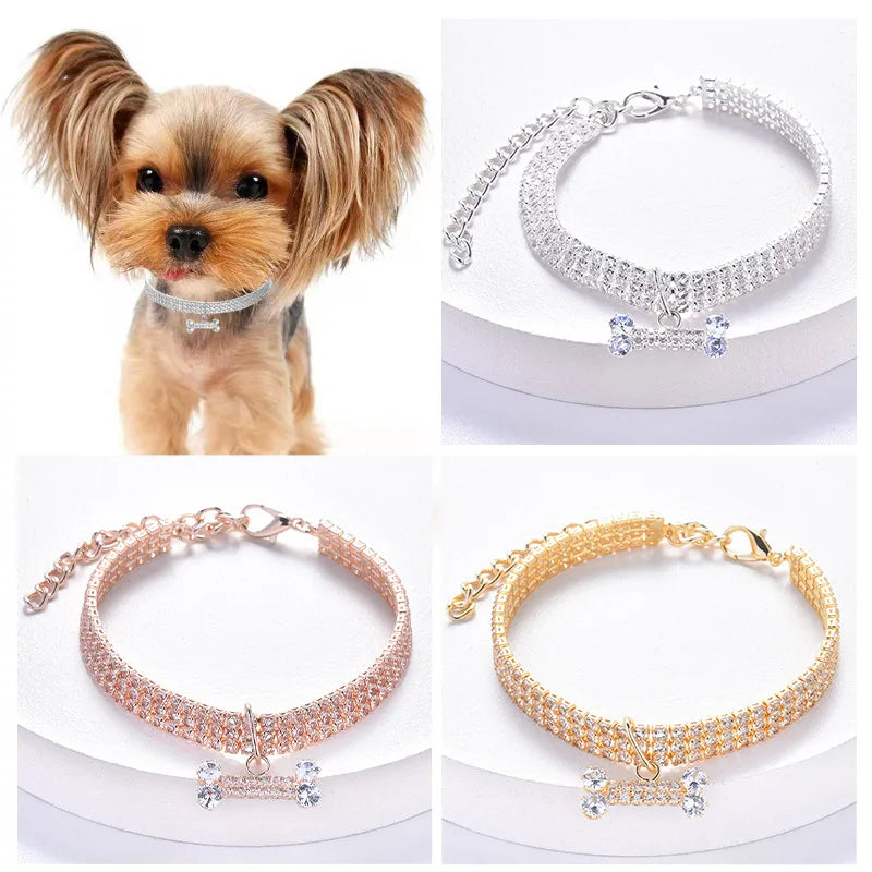 Crystal Rhinestone Dog Collar - Luxury Bone Pendant Pet Necklace