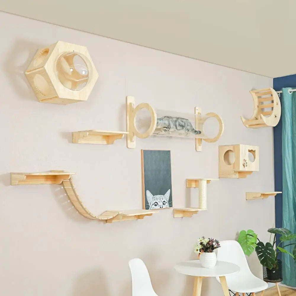 Wall Mounted Cat Shelves - Scratching Post & Climbing Platform Set