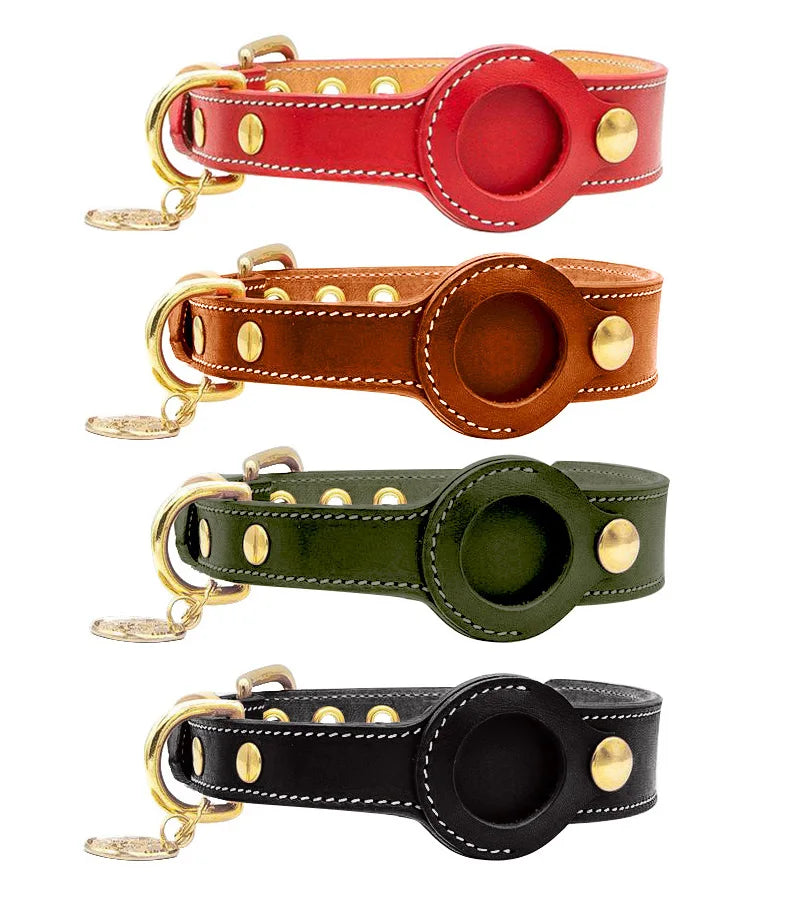 Premium Leather Dog Collar with AirTag Holder - Anti-Lost Pet Tracking
