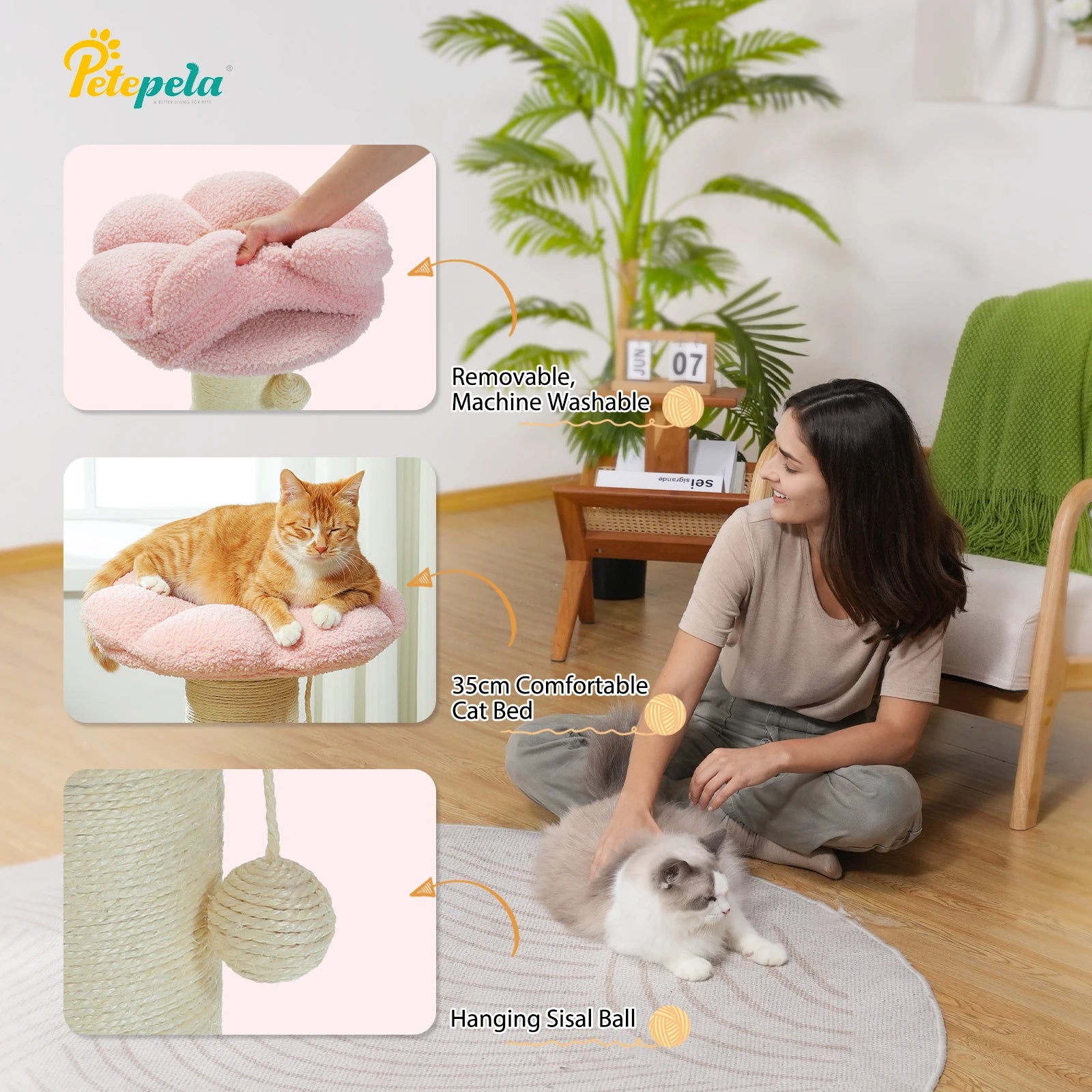 Pink Flower Cat Tree - Compact Sisal Scratching Post for Indoor Cats