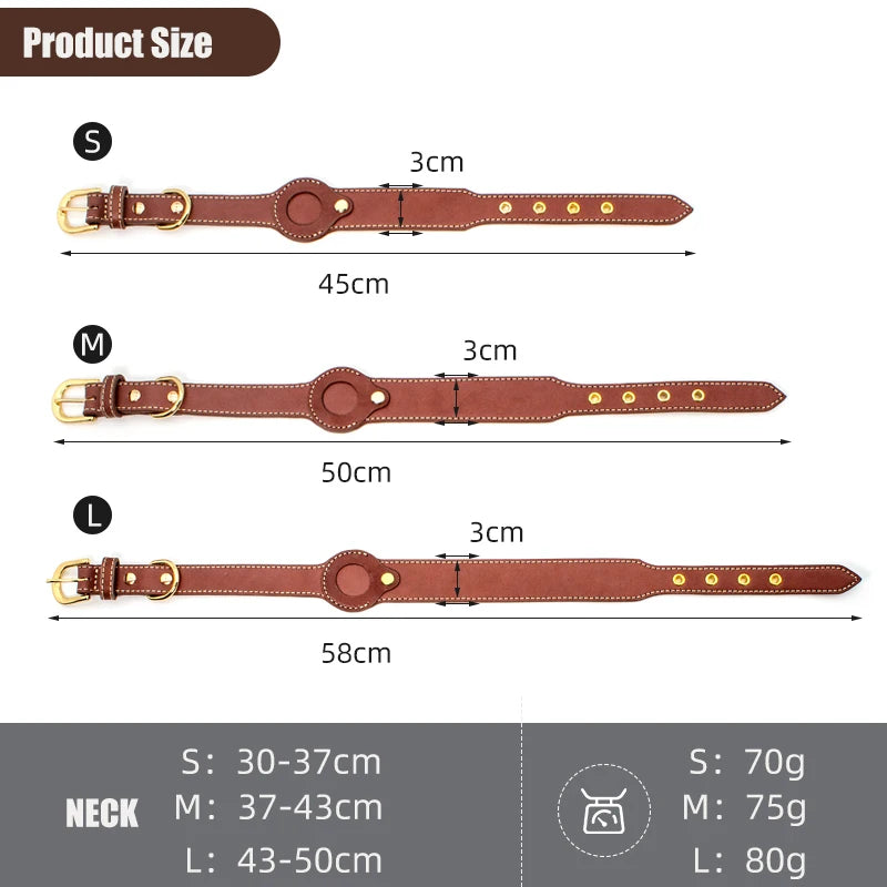 Premium Leather Dog Collar with AirTag Holder - Anti-Lost Pet Tracking