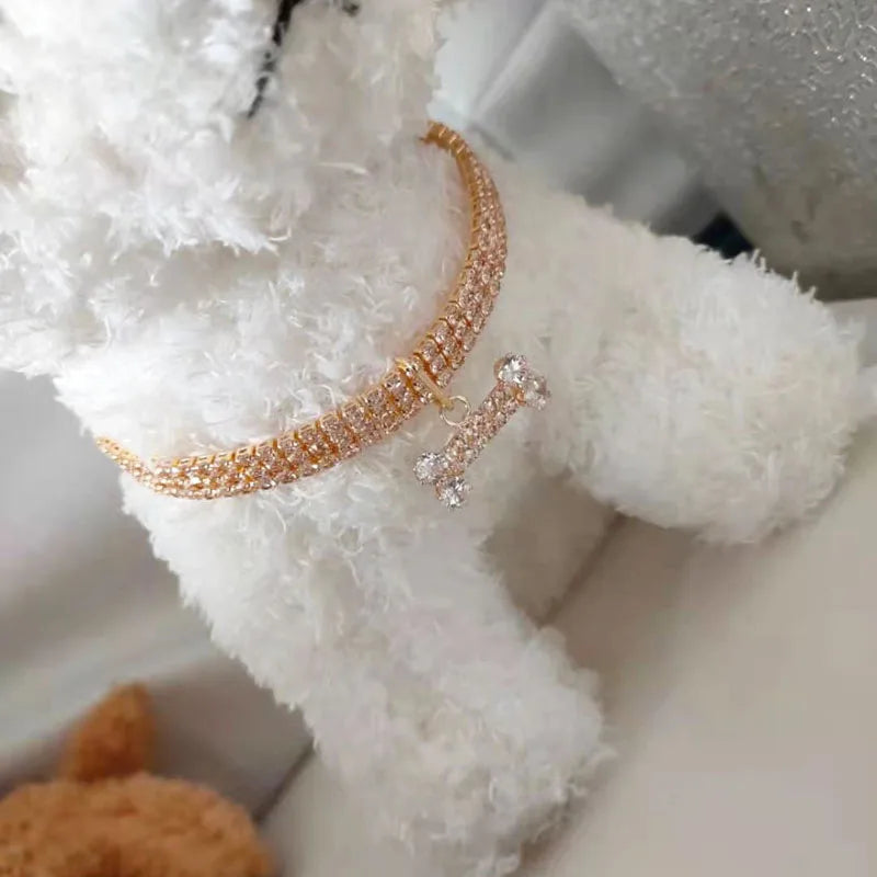 Crystal Rhinestone Dog Collar - Luxury Bone Pendant Pet Necklace