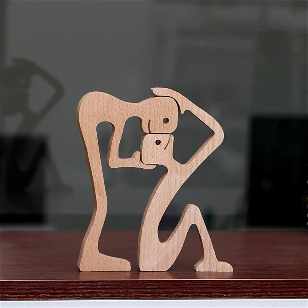 Wooden Family Statue - Girl with Dog Sculpture