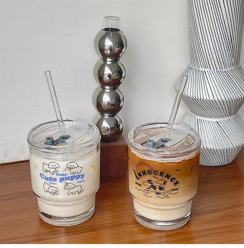 Cute Dog Glass Water Bottle 350ml - Kawaii Milk Carton Style with Straw