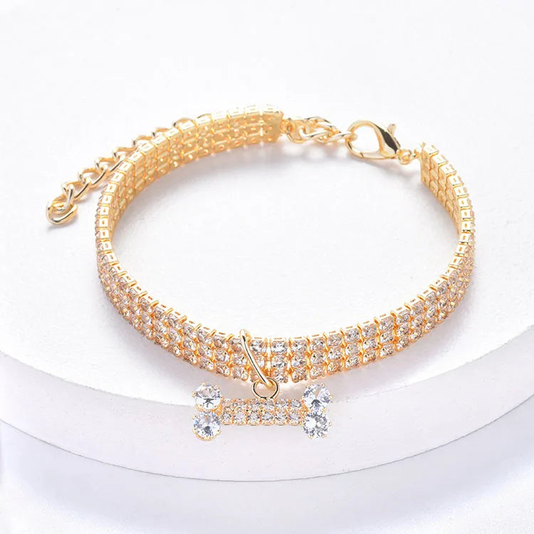 Crystal Rhinestone Dog Collar - Luxury Bone Pendant Pet Necklace