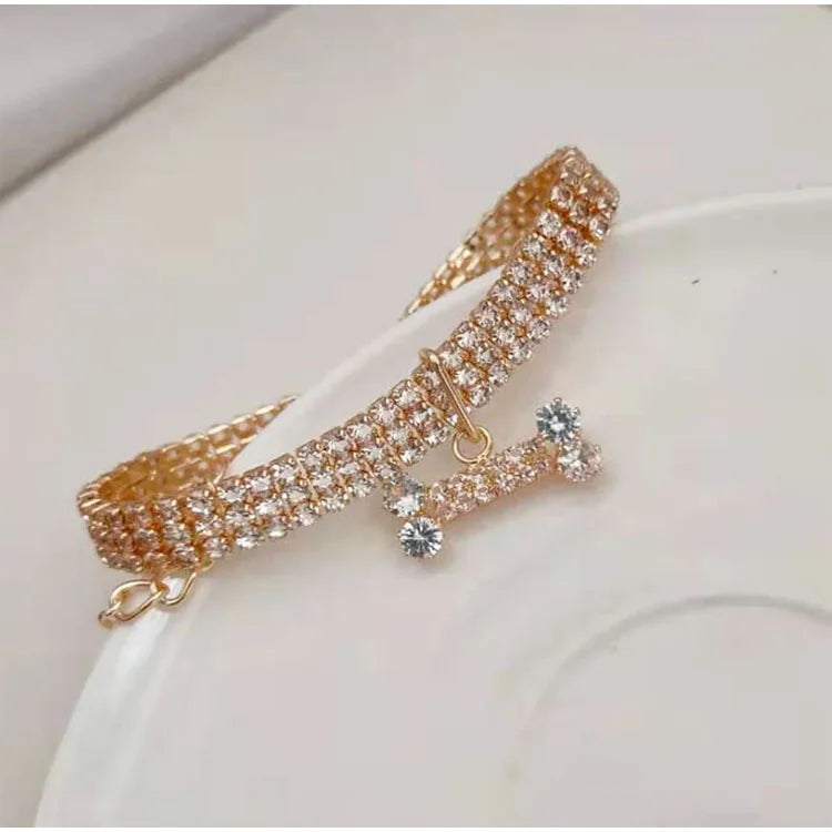 Crystal Rhinestone Dog Collar - Luxury Bone Pendant Pet Necklace