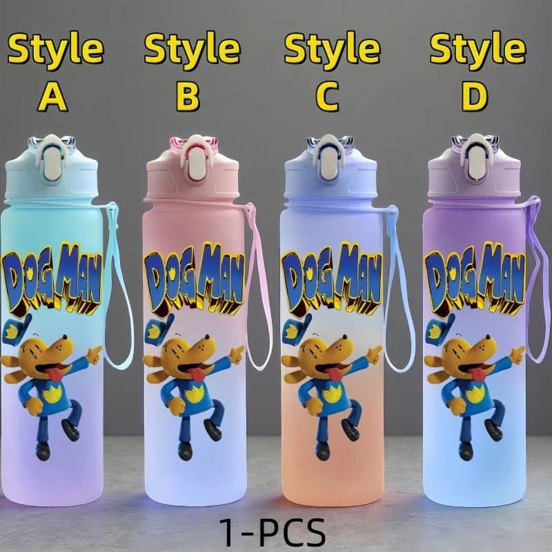 Dog Man Cartoon Water Bottle - 750ml Kids Bottle with Carrying Rope