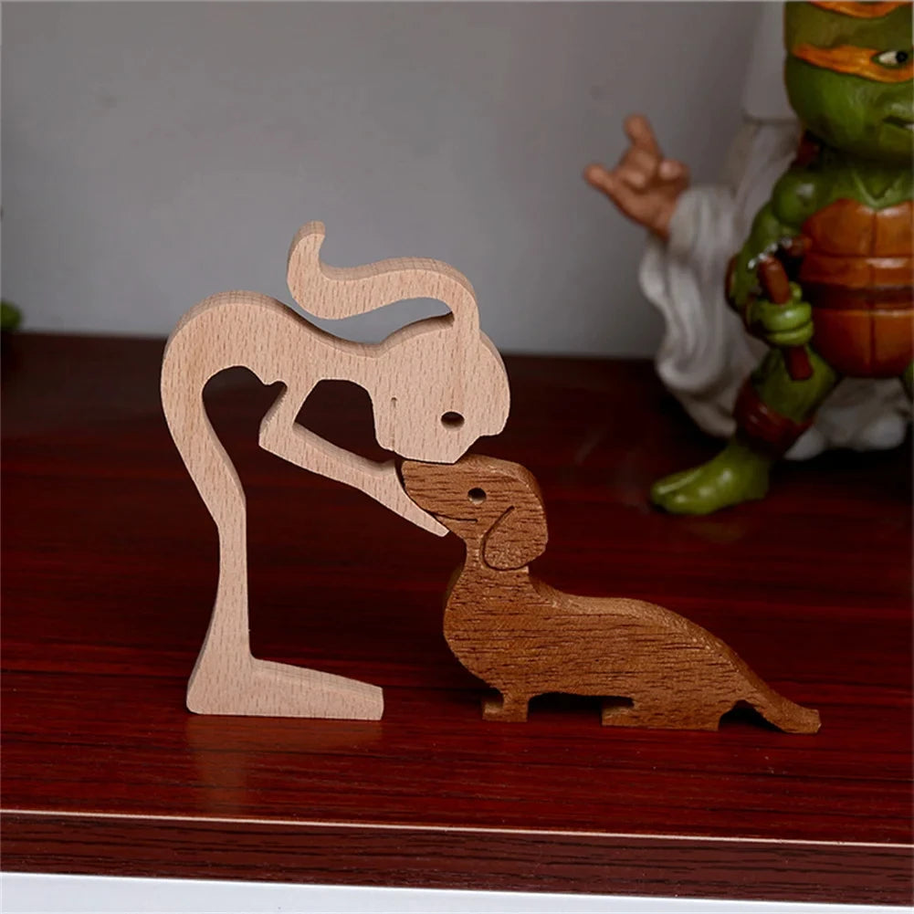 Wooden Family Statue - Girl with Dog Sculpture