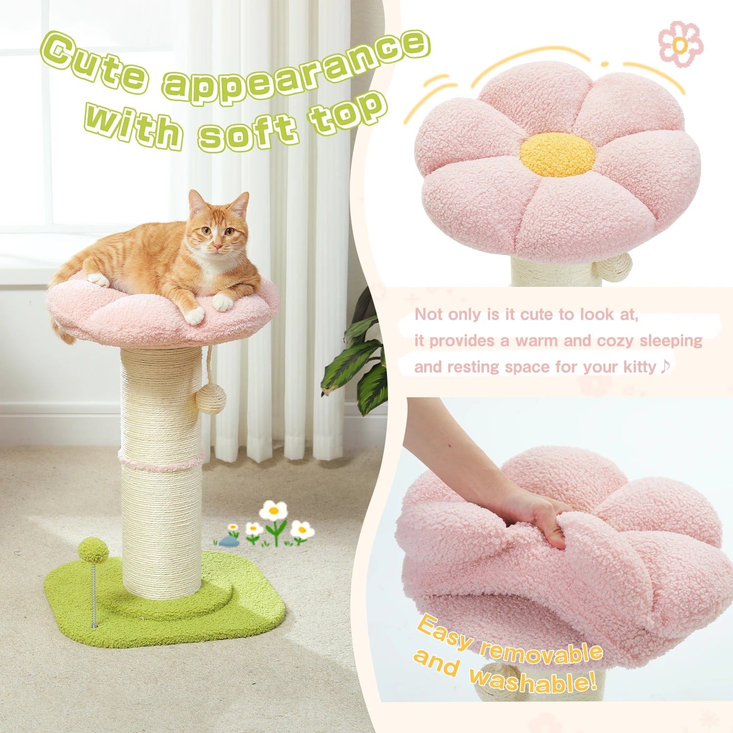Pink Flower Cat Tree - Compact Sisal Scratching Post for Indoor Cats