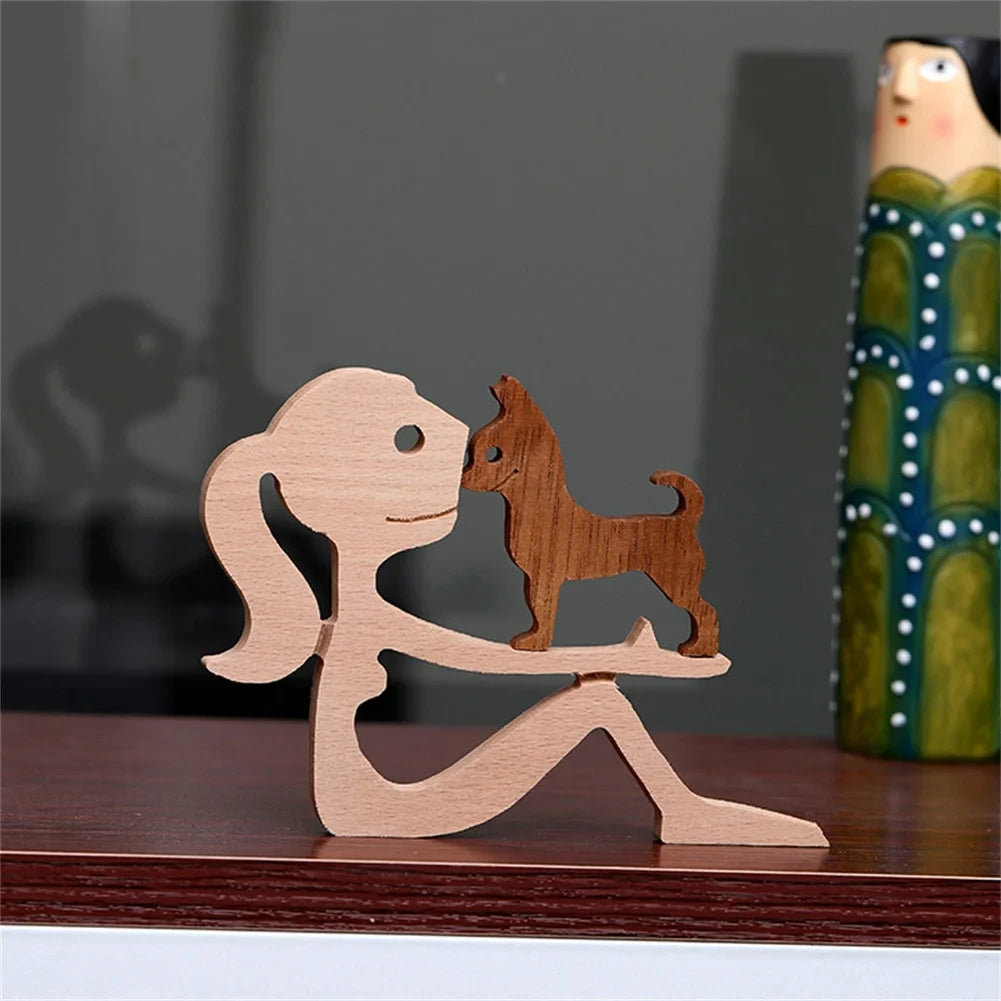 Wooden Family Statue - Girl with Dog Sculpture