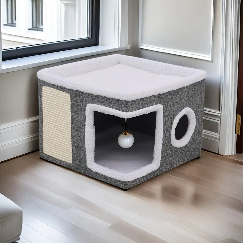 Luxury Cat Tree Bed - Organic Bamboo Base with Orthopedic Cushion & Scratching Post