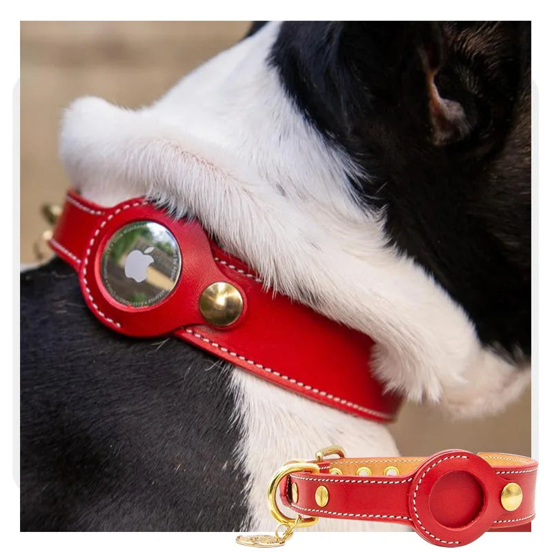 Premium Leather Dog Collar with AirTag Holder - Anti-Lost Pet Tracking