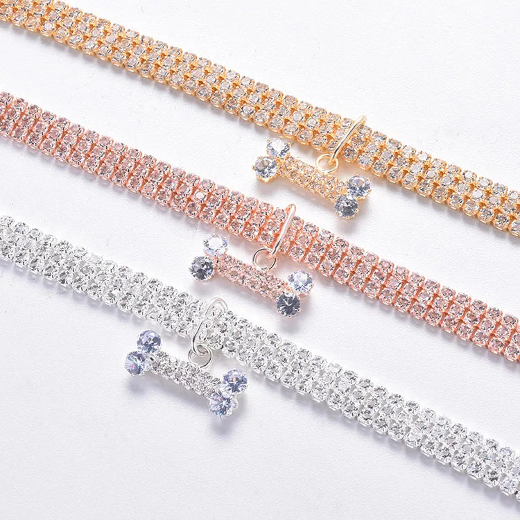 Crystal Rhinestone Dog Collar - Luxury Bone Pendant Pet Necklace