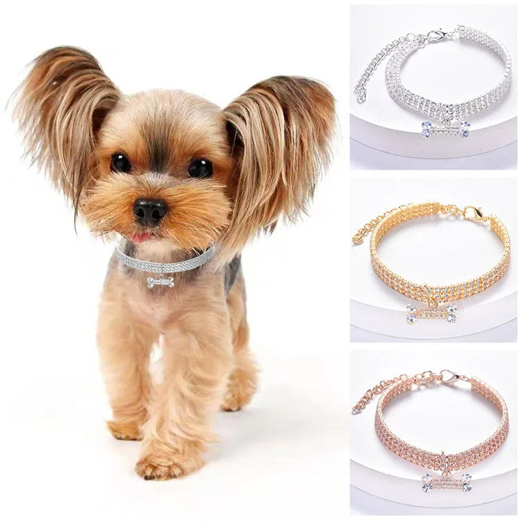 Crystal Rhinestone Dog Collar - Luxury Bone Pendant Pet Necklace