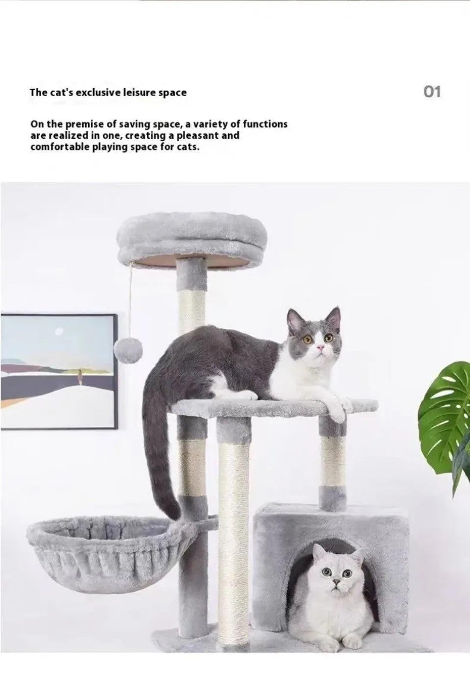 Multi-Level Cat Tree Tower - Sisal Posts, Hammock, Perches & Condos for Indoor Cats