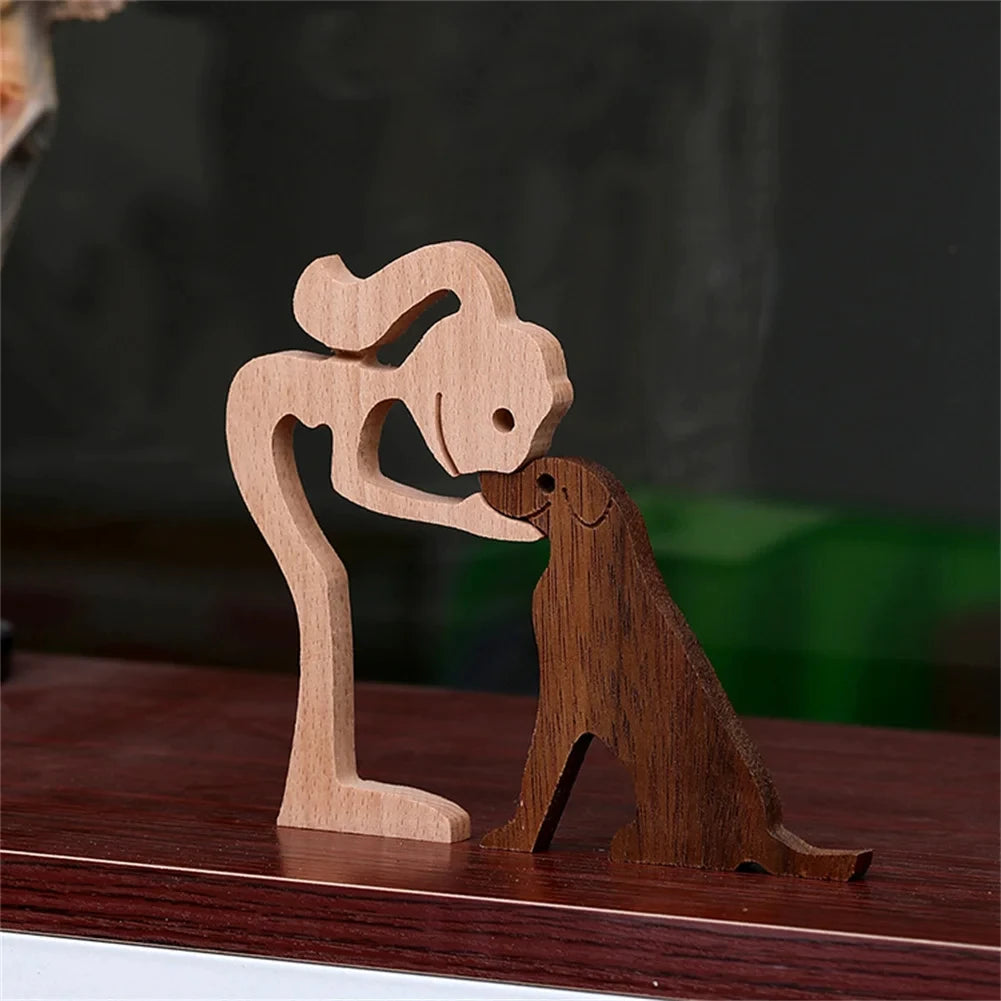 Wooden Family Statue - Girl with Dog Sculpture