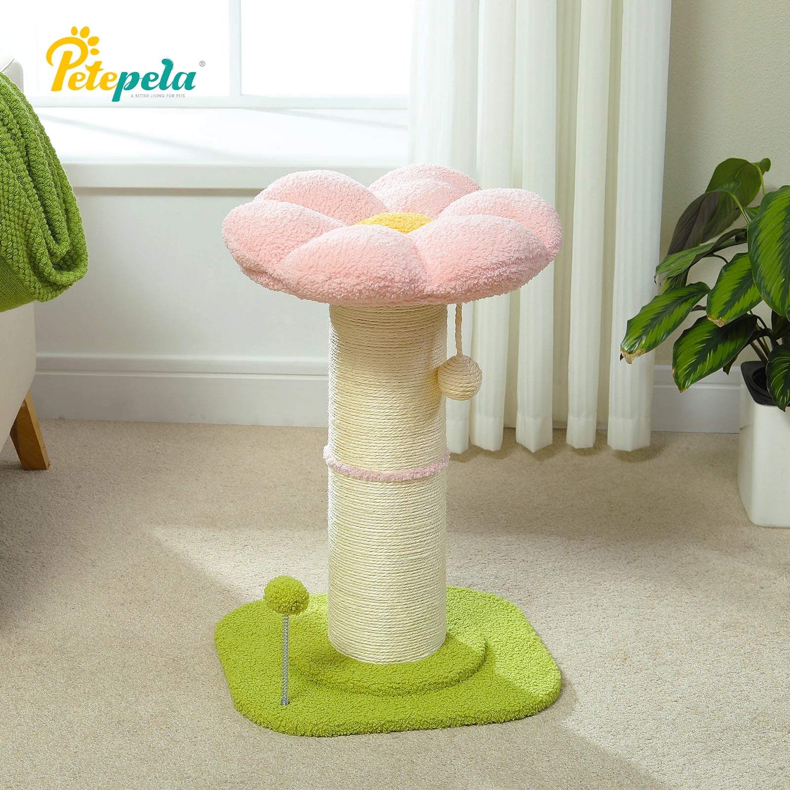 Pink Flower Cat Tree - Compact Sisal Scratching Post for Indoor Cats