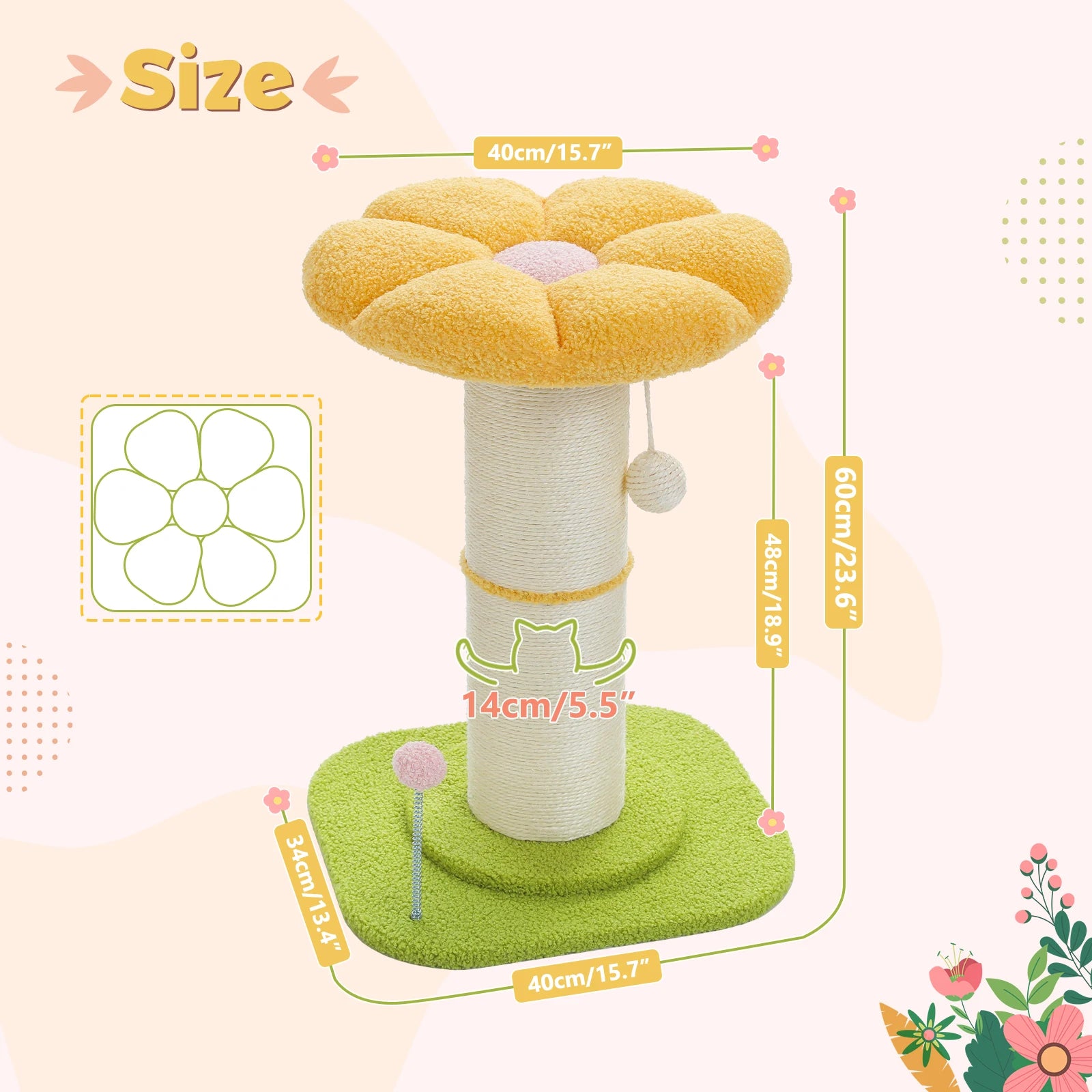 Pink Flower Cat Tree with Sisal Scratching Post & Perch