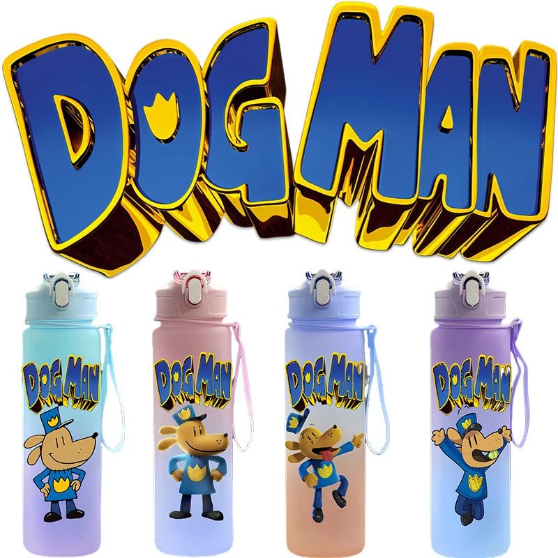 Dog Man Cartoon Water Bottle - 750ml Kids Bottle with Carrying Rope