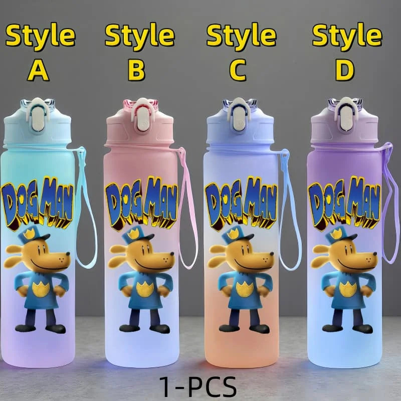 Dog Man Cartoon Water Bottle - 750ml Kids Bottle with Carrying Rope