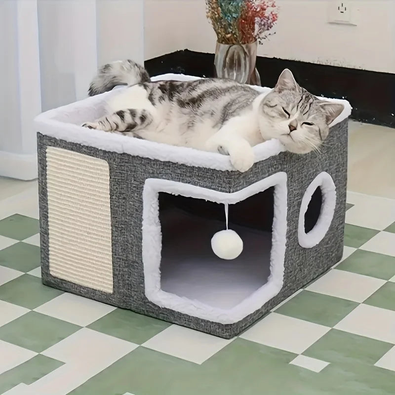 Luxury Cat Tree Bed - Organic Bamboo Base with Orthopedic Cushion & Scratching Post