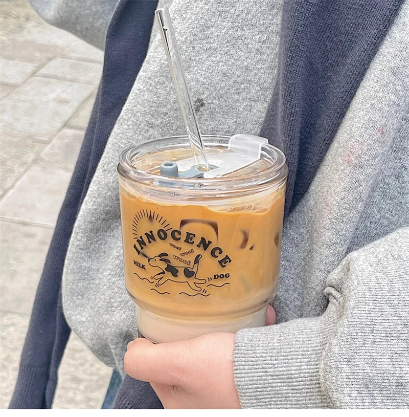 Cute Dog Glass Water Bottle - 350ml with Lid & Straw