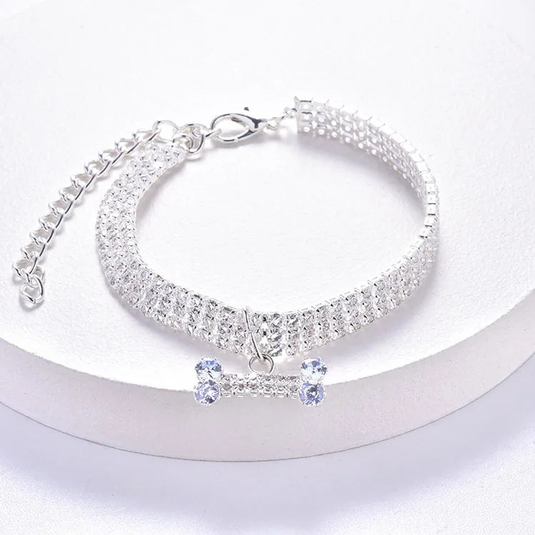 Crystal Rhinestone Dog Collar - Luxury Bone Pendant Pet Necklace