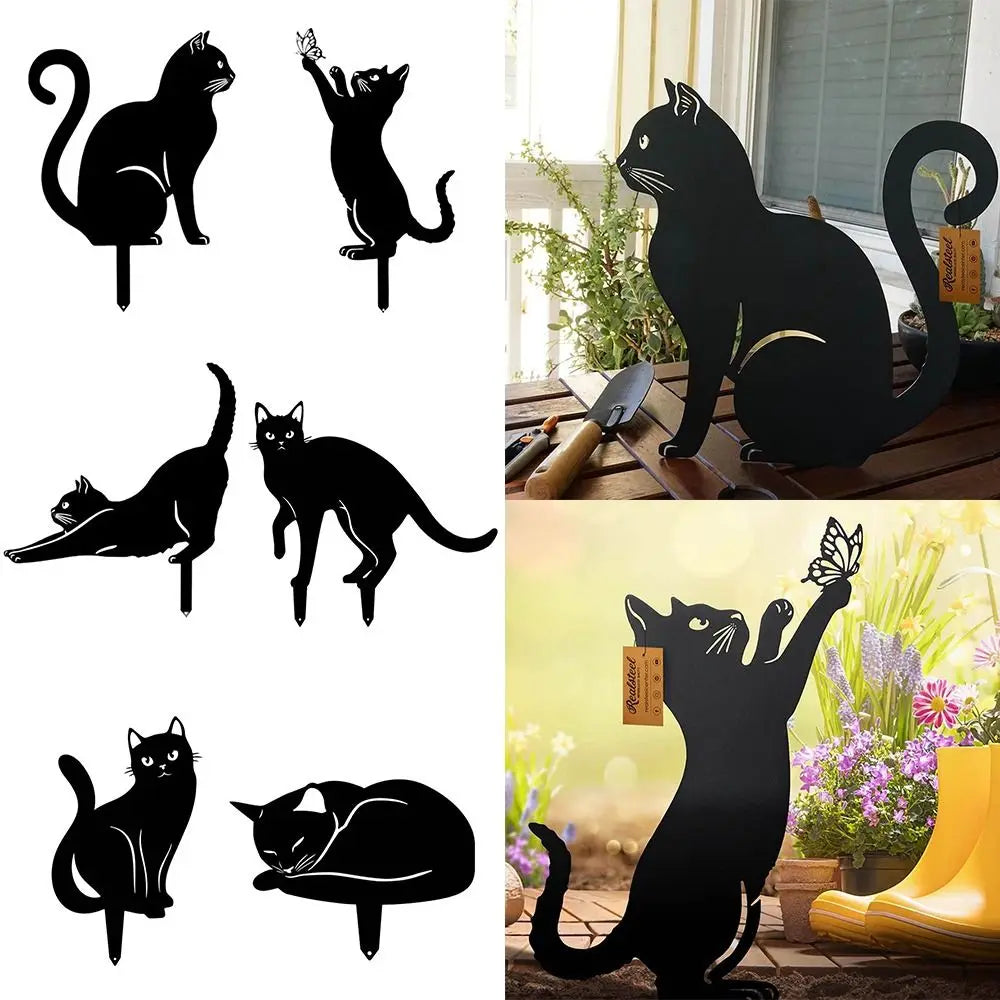 Black Cat Silhouette Garden Statue - Weatherproof Iron Art Yard Decoration
