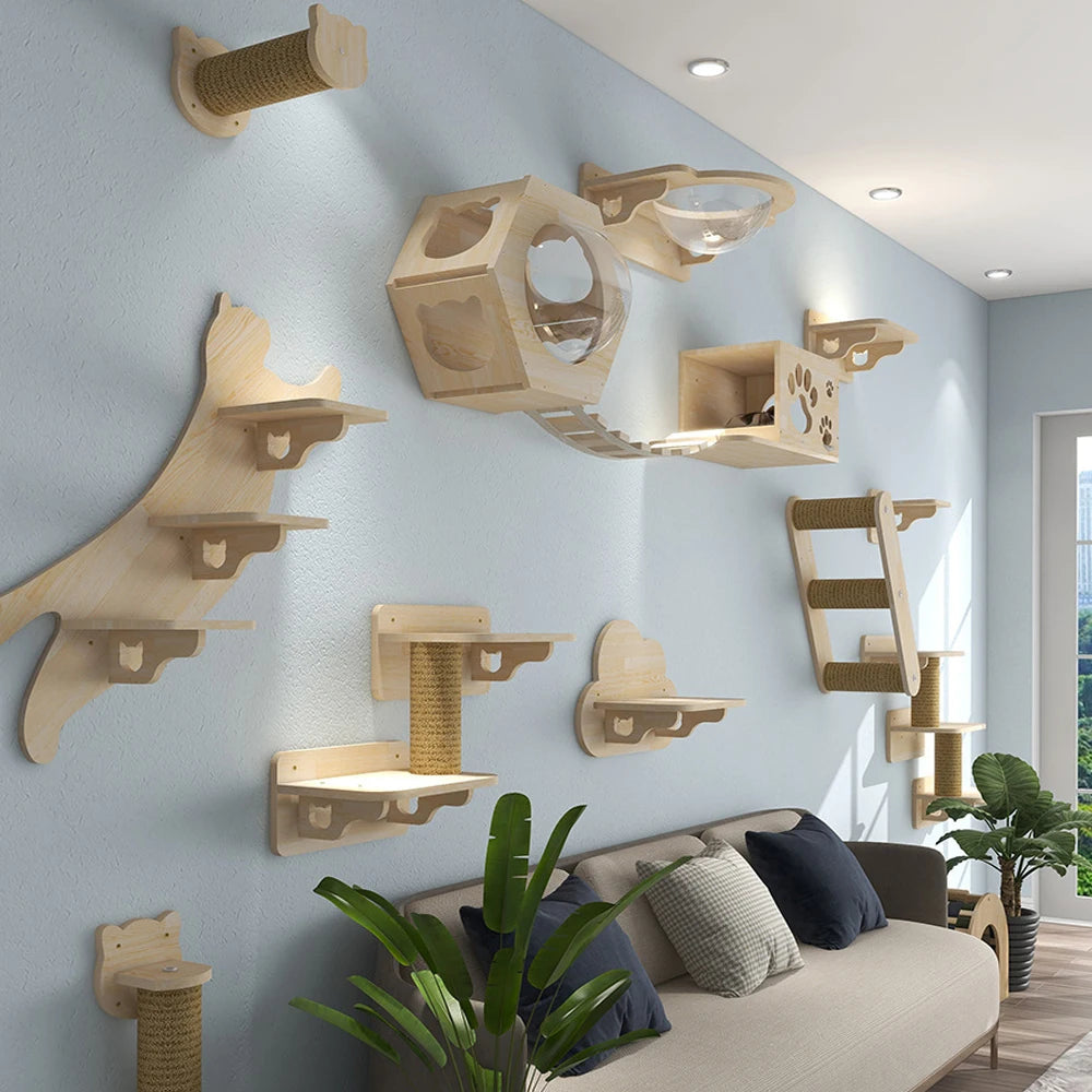 Wall Mounted Cat Shelves - Scratching Post & Climbing Platform Set