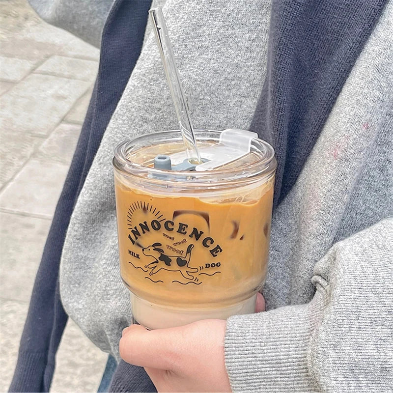 Cute Dog Glass Water Bottle - 350ml with Lid & Straw