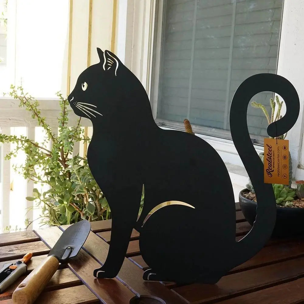 Black Cat Silhouette Garden Statue - Weatherproof Iron Art Yard Decoration
