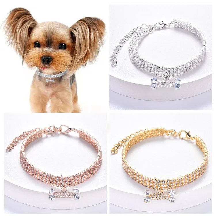 Crystal Rhinestone Dog Collar - Luxury Bone Pendant Pet Necklace