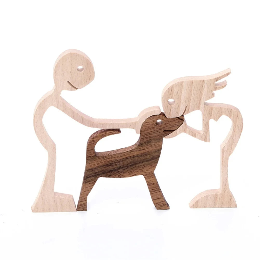 Wooden Family Statue - Girl with Dog Sculpture