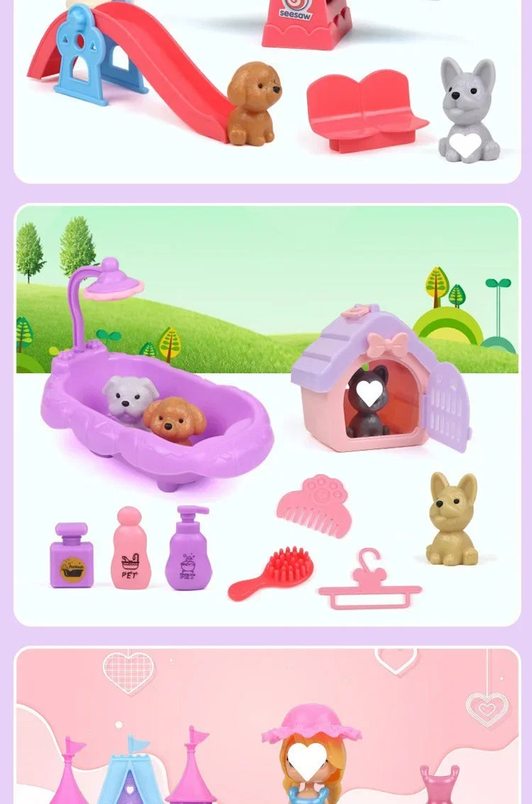 Pet Family Pretend Play Set - Mini House & Dolls