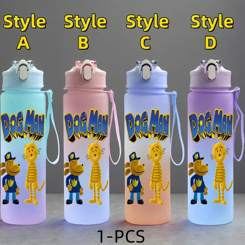 Dog Man Cartoon Water Bottle - 750ml Kids Bottle with Carrying Rope