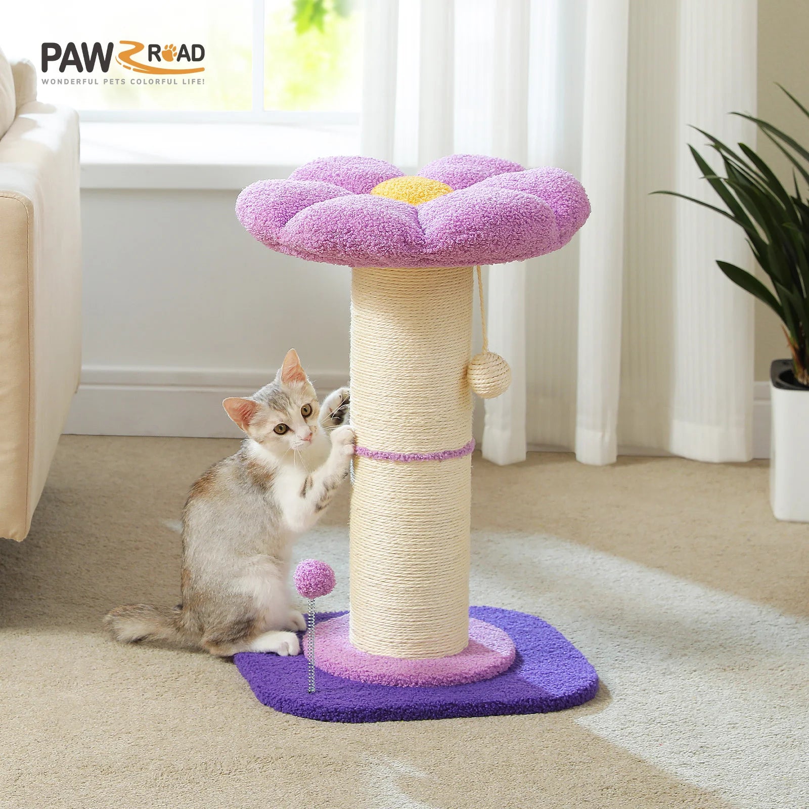 Pink Flower Cat Tree - Compact Sisal Scratching Post for Indoor Cats